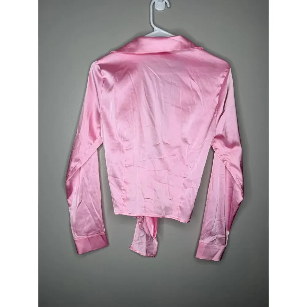 Pink Satin Tie-Front Blouse | Windsor | Y2K Inspired Going Out Top - Picture 6 of 6